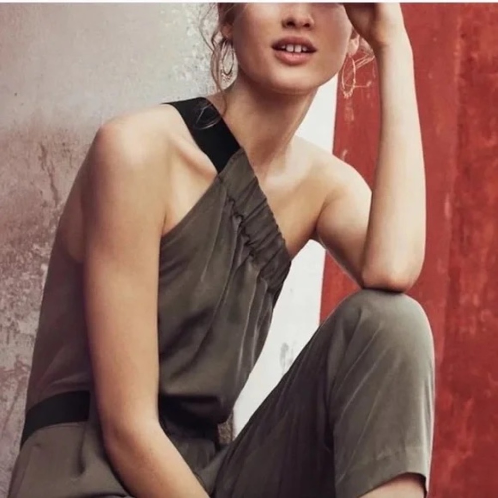 ANTHRO | MAEVE |  Verano Olive Green One Shoulder Jumpsuit